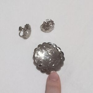 Silver Floral Engraved Brooch and Clip-On Earrings Set